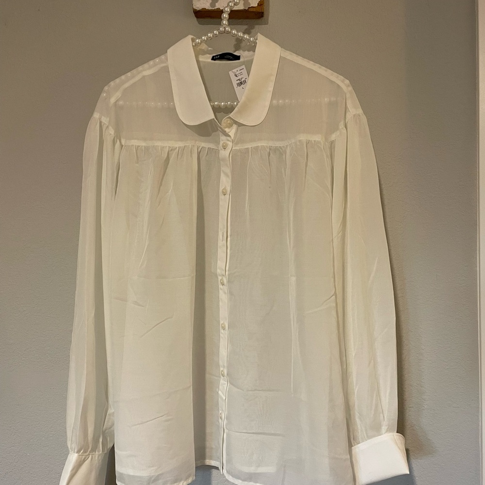 GAP White Sheer Shirt With Rounded  Collar & Long Sleeves - Large